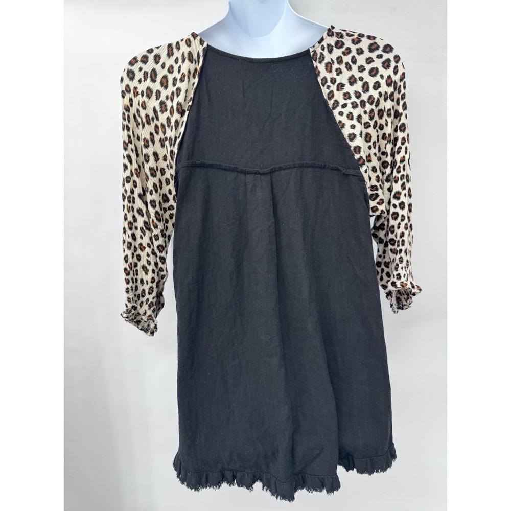 Umgee 3/4 Sleeve Leopard Linen Tunic Top fringe hem XL 22 ptp beach light boho - Picture 5 of 11